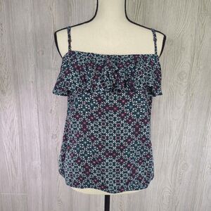 Roxy Mosaic Tile Print Ruffle Cami Top Size XL Blue and Red Removeable Straps